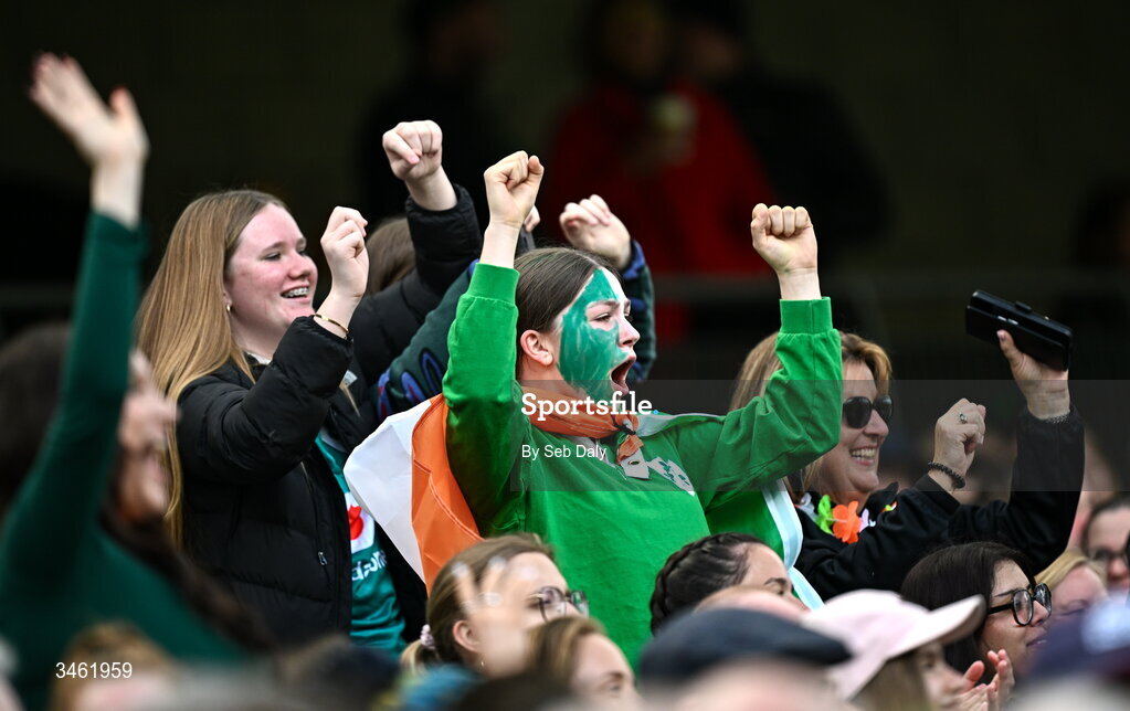 17 May 2026; Ireland supporters during the Women's 6 Nations Rugby Championship match between Ireland and Scotland at the Aviva Stadium in Dublin. Photo by Seb Daly/Sportsfile