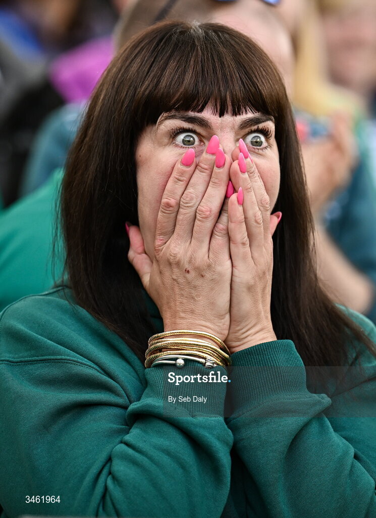 17 May 2026; An Ireland supporter reacts during the Women's 6 Nations Rugby Championship match between Ireland and Scotland at the Aviva Stadium in Dublin. Photo by Seb Daly/Sportsfile