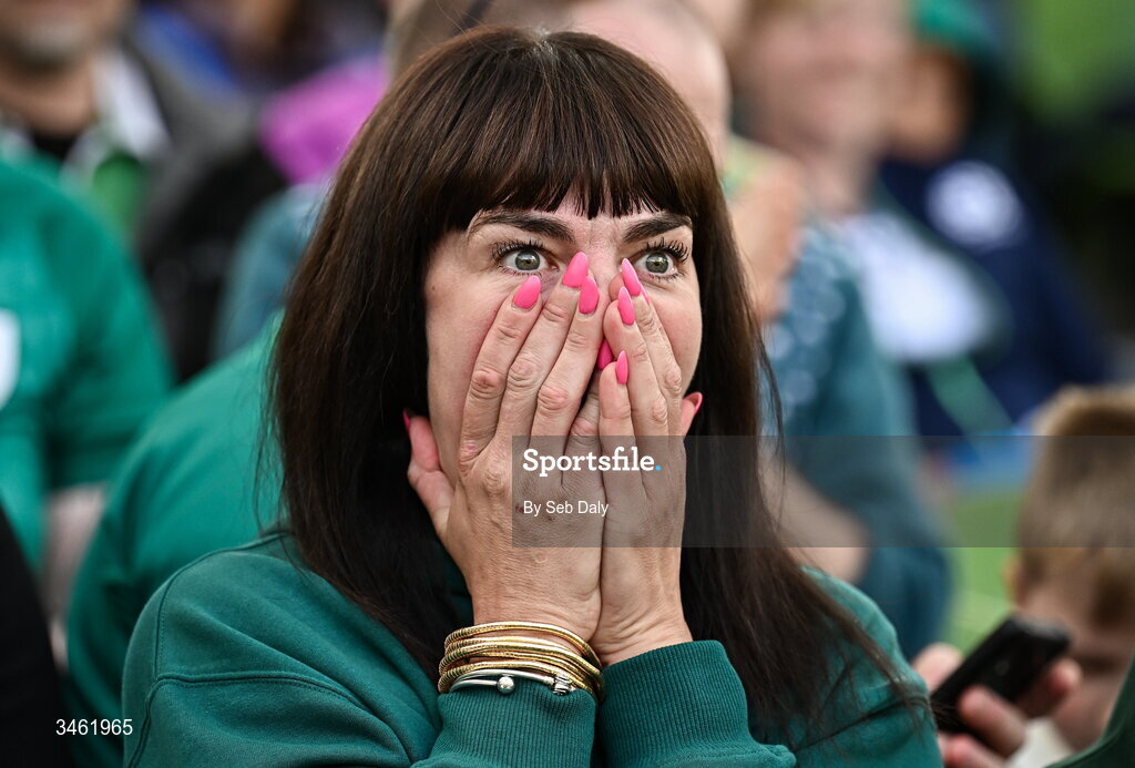 17 May 2026; An Ireland supporter reacts during the Women's 6 Nations Rugby Championship match between Ireland and Scotland at the Aviva Stadium in Dublin. Photo by Seb Daly/Sportsfile