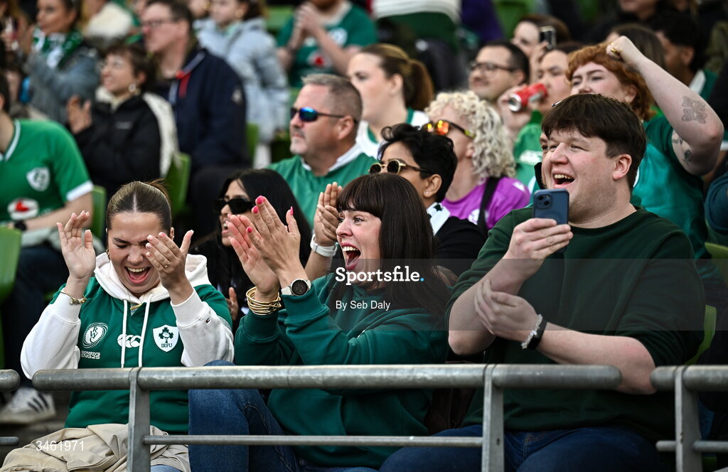 17 May 2026; Ireland supporters during the Women's 6 Nations Rugby Championship match between Ireland and Scotland at the Aviva Stadium in Dublin. Photo by Seb Daly/Sportsfile
