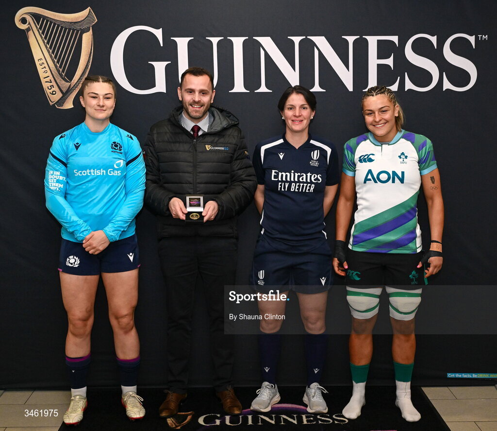 17 May 2026; Ireland captain Erin King, left, and Scotland captain Helen Nelson, with referee Aurélie Groizeleau before the Women's 6 Nations Rugby Championship match between Ireland and Scotland at the Aviva Stadium in Dublin. Photo by Shauna Clinton/Sportsfile