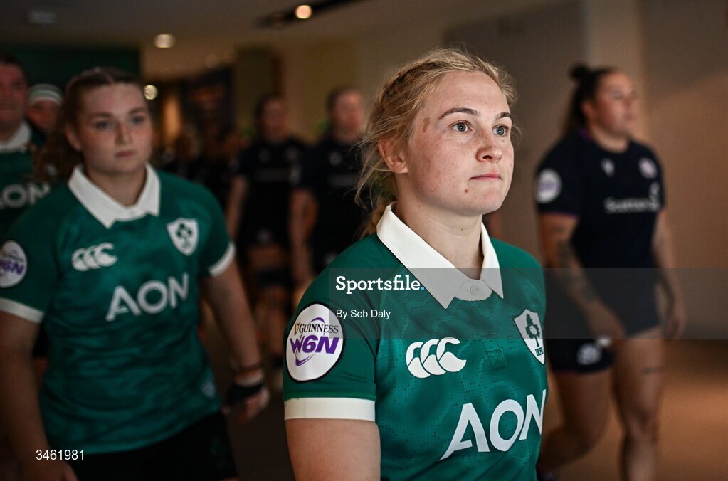 17 May 2026; Neve Jones of Ireland before the Women's 6 Nations Rugby Championship match between Ireland and Scotland at the Aviva Stadium in Dublin. Photo by Seb Daly/Sportsfile