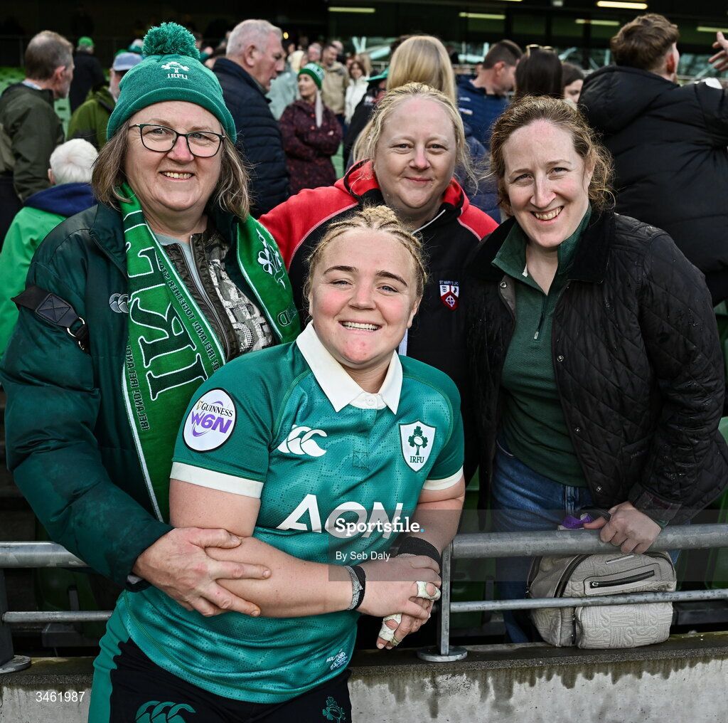 17 May 2026; Cliodhna Moloney MacDonald of Ireland with family after the Women's 6 Nations Rugby Championship match between Ireland and Scotland at the Aviva Stadium in Dublin. Photo by Seb Daly/Sportsfile