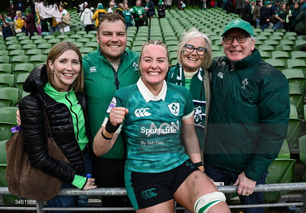 17 May 2026; Fiona Tuite of Ireland with family after the Women's 6 Nations Rugby Championship match between Ireland and Scotland at the Aviva Stadium in Dublin. Photo by Seb Daly/Sportsfile