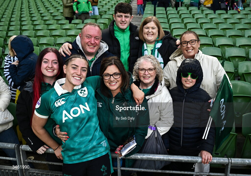 17 May 2026; Katie Whelan of Ireland with family after the Women's 6 Nations Rugby Championship match between Ireland and Scotland at the Aviva Stadium in Dublin. Photo by Seb Daly/Sportsfile