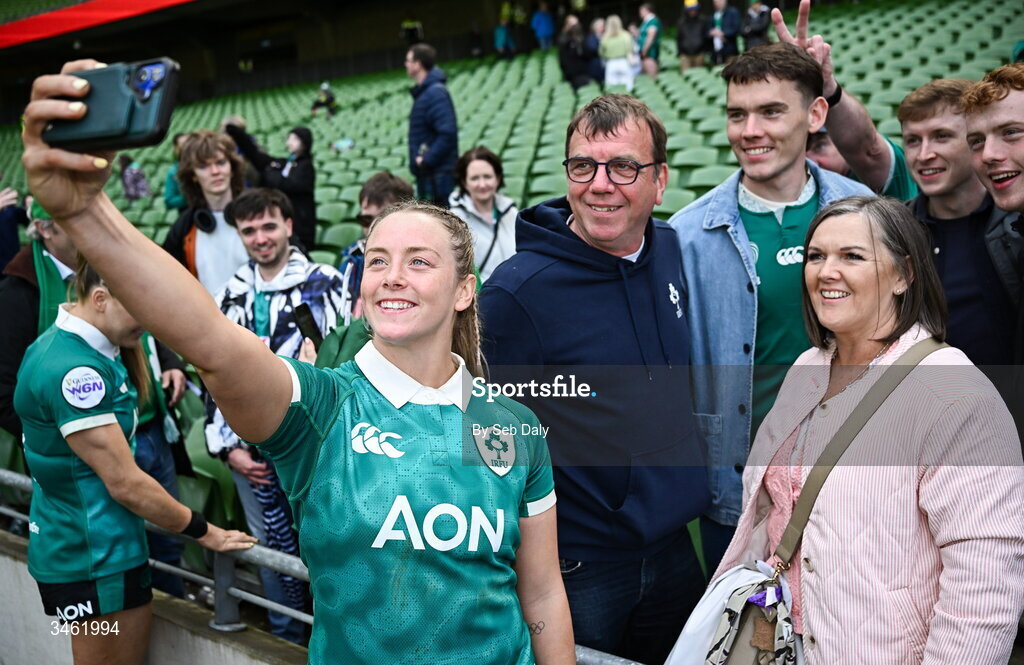 17 May 2026; Stacey Flood of Ireland with family after the Women's 6 Nations Rugby Championship match between Ireland and Scotland at the Aviva Stadium in Dublin. Photo by Seb Daly/Sportsfile