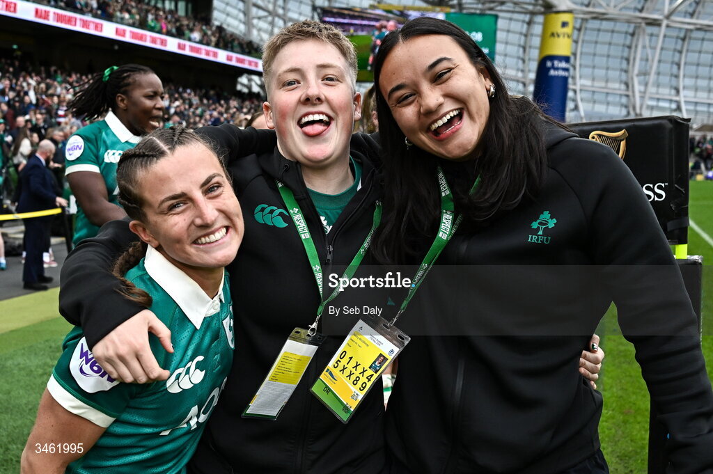 17 May 2026; Ireland players, from left, Emily Lane, Beth Buttimer and Nancy McGillivray after the Women's 6 Nations Rugby Championship match between Ireland and Scotland at the Aviva Stadium in Dublin. Photo by Seb Daly/Sportsfile