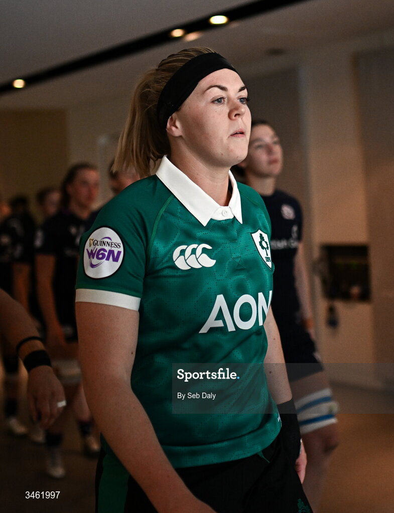 17 May 2026; Sam Monaghan of Ireland before the Women's 6 Nations Rugby Championship match between Ireland and Scotland at the Aviva Stadium in Dublin. Photo by Seb Daly/Sportsfile
