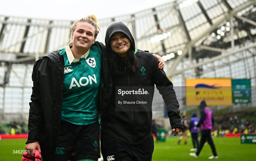 17 May 2026; Dorothy Wall, left, and Nancy McGillivray of Ireland after the Women's 6 Nations Rugby Championship match between Ireland and Scotland at the Aviva Stadium in Dublin. Photo by Shauna Clinton/Sportsfile