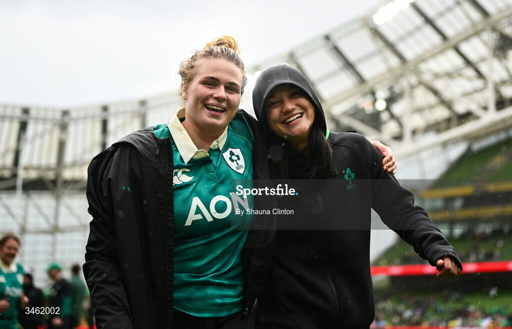 17 May 2026; Dorothy Wall, left, and Nancy McGillivray of Ireland after the Women's 6 Nations Rugby Championship match between Ireland and Scotland at the Aviva Stadium in Dublin. Photo by Shauna Clinton/Sportsfile