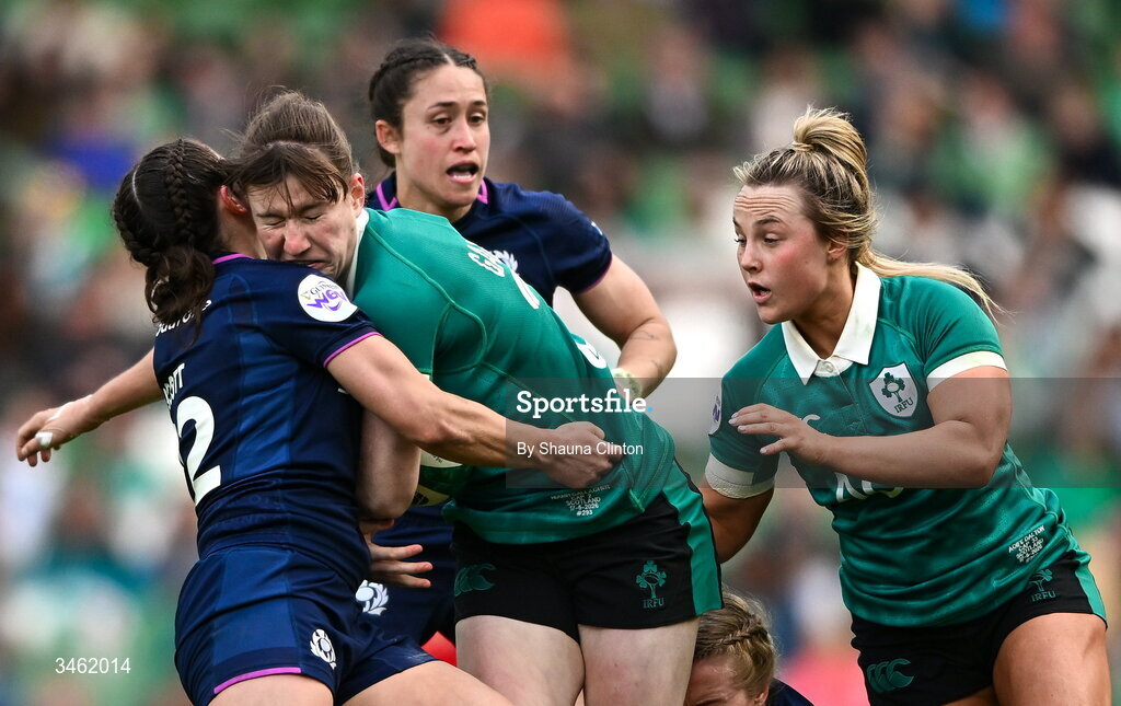 17 May 2026; Niamh Gallagher of Ireland is tackled by Meryl Smith of Scotland during the Women's 6 Nations Rugby Championship match between Ireland and Scotland at the Aviva Stadium in Dublin. Photo by Shauna Clinton/Sportsfile