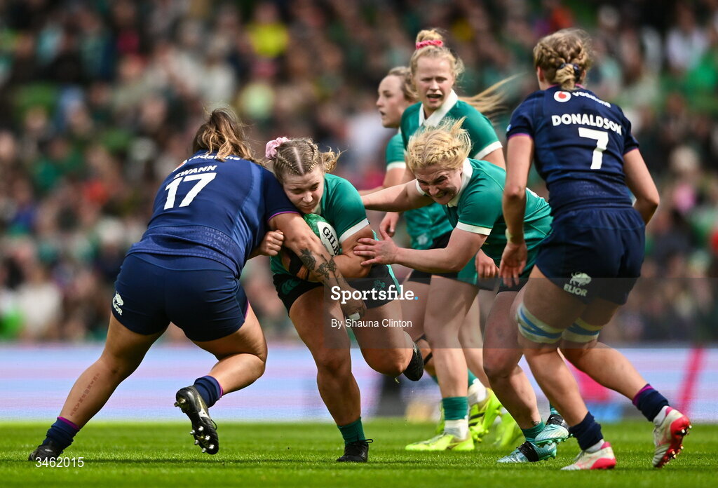 17 May 2026; Sadhbh McGrath of Ireland is tackled by Demi Swann of Scotland during the Women's 6 Nations Rugby Championship match between Ireland and Scotland at the Aviva Stadium in Dublin. Photo by Shauna Clinton/Sportsfile