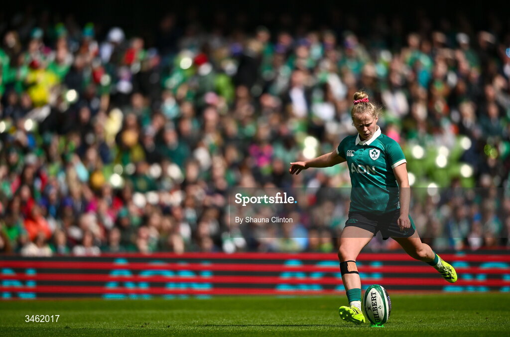 17 May 2026; Dannah O'Brien of Ireland kicks a conversion during the Women's 6 Nations Rugby Championship match between Ireland and Scotland at the Aviva Stadium in Dublin. Photo by Shauna Clinton/Sportsfile