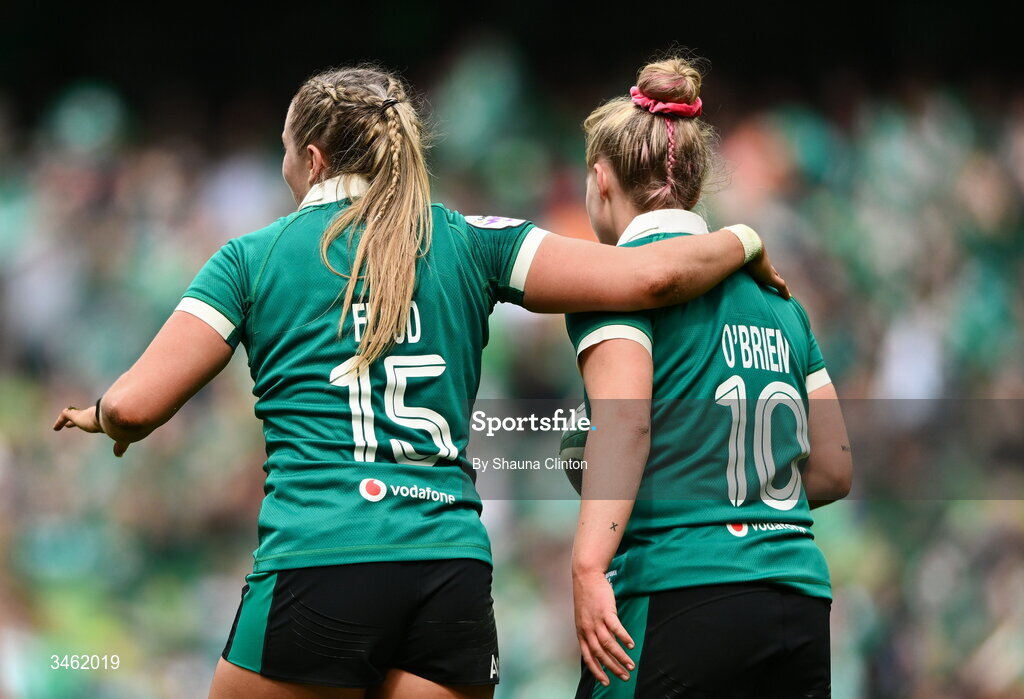 17 May 2026; Stacey Flood of Ireland, centre, is congratulated by Dannah O'Brien after scoring her side's fifth try during the Women's 6 Nations Rugby Championship match between Ireland and Scotland at the Aviva Stadium in Dublin. Photo by Shauna Clinton/Sportsfile