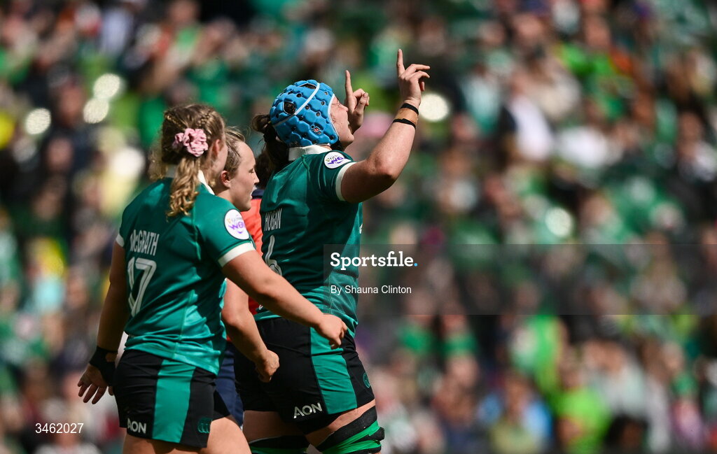 17 May 2026; Brittany Hogan of Ireland, right, celebrates after scoring a try during the Women's 6 Nations Rugby Championship match between Ireland and Scotland at the Aviva Stadium in Dublin. Photo by Shauna Clinton/Sportsfile
