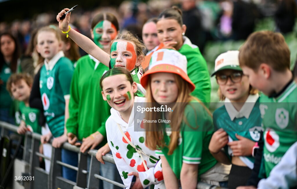 17 May 2026; Ireland supporters after the Women's 6 Nations Rugby Championship match between Ireland and Scotland at the Aviva Stadium in Dublin. Photo by Shauna Clinton/Sportsfile