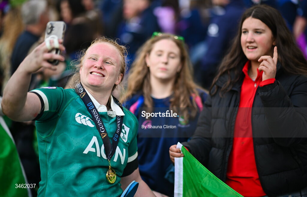 17 May 2026; Aoife Wafer of Ireland with supporters after the Women's 6 Nations Rugby Championship match between Ireland and Scotland at the Aviva Stadium in Dublin. Photo by Shauna Clinton/Sportsfile
