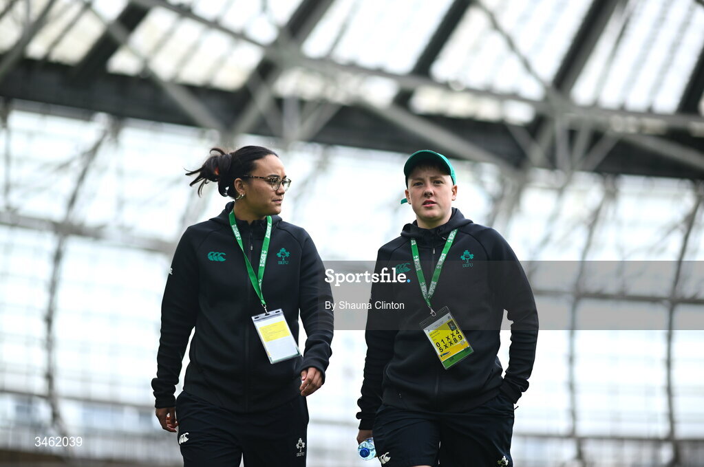17 May 2026; Nancy McGillivray, left, and Beth Buttimer of Ireland before the Women's 6 Nations Rugby Championship match between Ireland and Scotland at the Aviva Stadium in Dublin. Photo by Shauna Clinton/Sportsfile