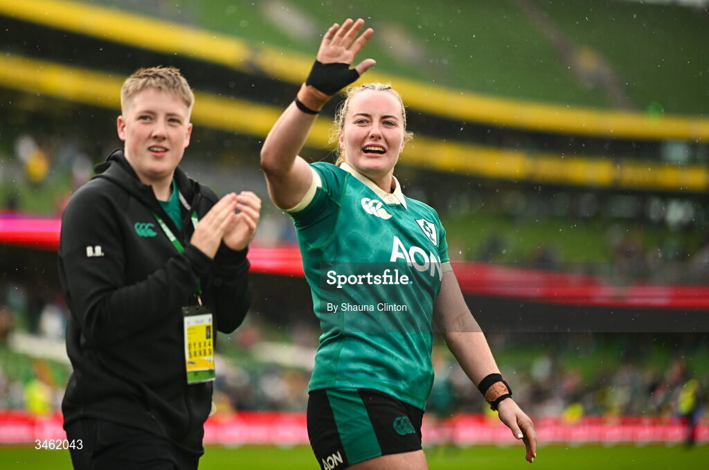 17 May 2026; Ireland players Beth Buttimer, left, and Fiona Tuite after the Women's 6 Nations Rugby Championship match between Ireland and Scotland at the Aviva Stadium in Dublin. Photo by Shauna Clinton/Sportsfile