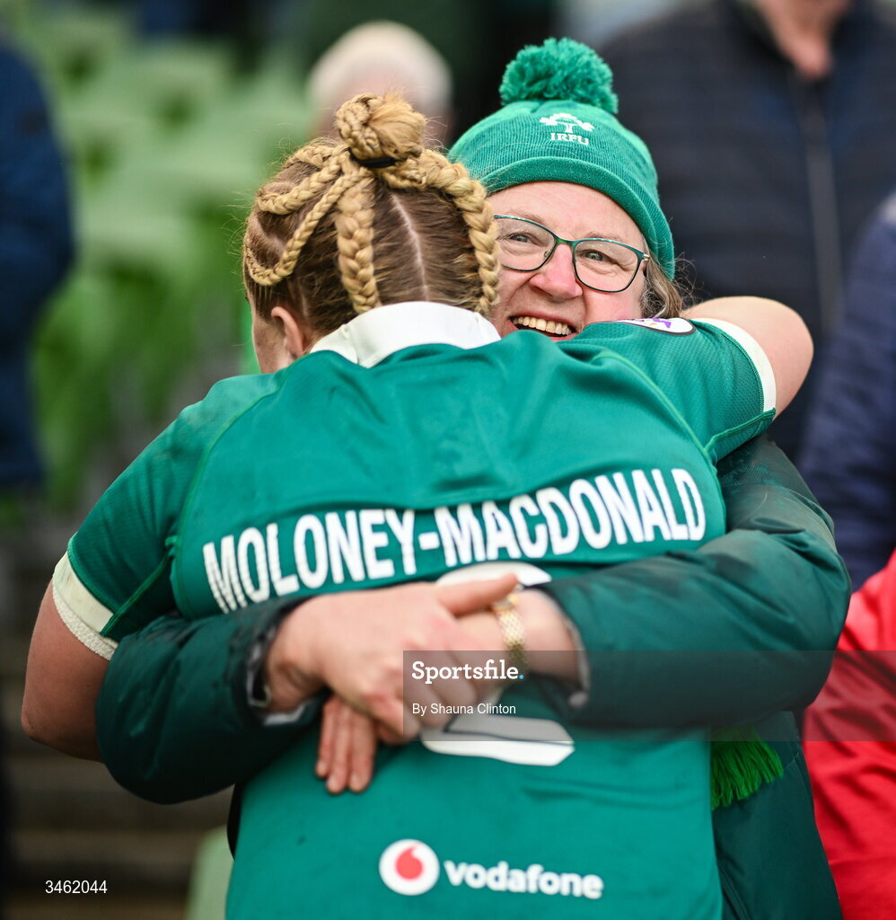 17 May 2026; Cliodhna Moloney MacDonald of Ireland with friends and family after the Women's 6 Nations Rugby Championship match between Ireland and Scotland at the Aviva Stadium in Dublin. Photo by Shauna Clinton/Sportsfile