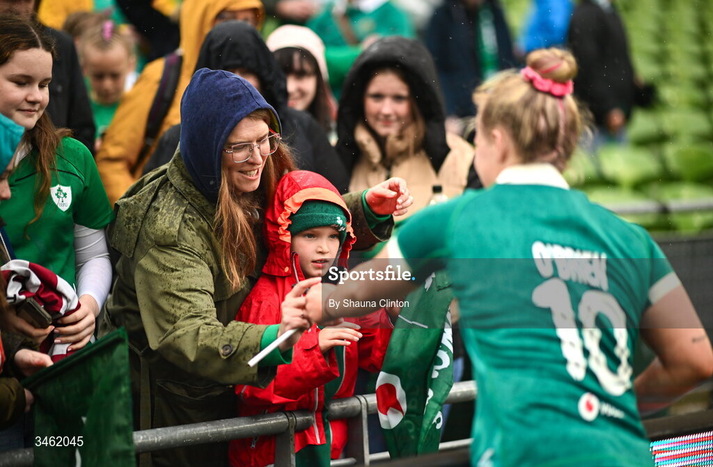 17 May 2026; Dannah O'Brien of Ireland with supporters after the Women's 6 Nations Rugby Championship match between Ireland and Scotland at the Aviva Stadium in Dublin. Photo by Shauna Clinton/Sportsfile