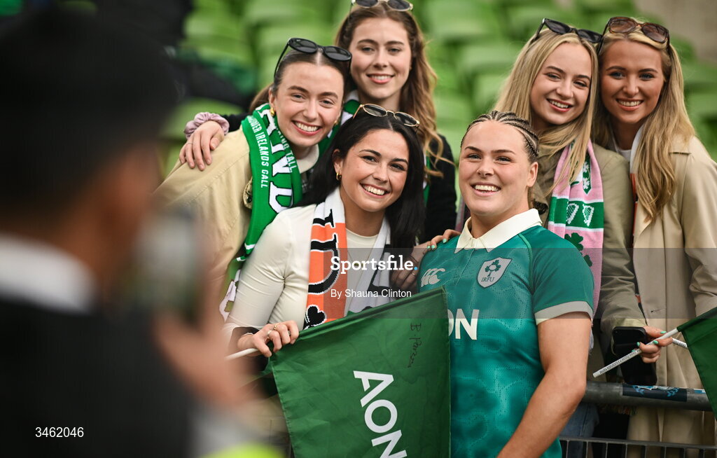 17 May 2026; Béibhinn Parsons of Ireland with supporters after the Women's 6 Nations Rugby Championship match between Ireland and Scotland at the Aviva Stadium in Dublin. Photo by Shauna Clinton/Sportsfile