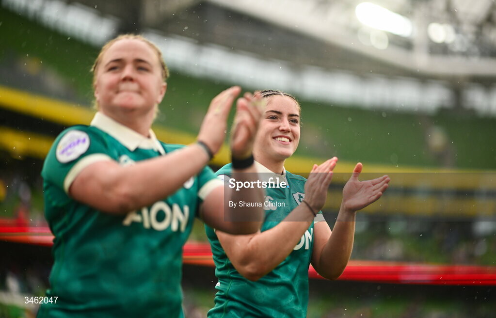 17 May 2026; Cliodhna Moloney MacDonald, left, and Katie Whelan of Ireland after the Women's 6 Nations Rugby Championship match between Ireland and Scotland at the Aviva Stadium in Dublin. Photo by Shauna Clinton/Sportsfile