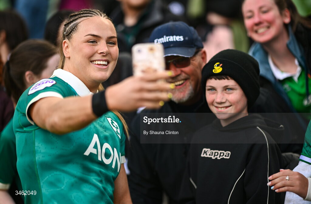 17 May 2026; Béibhinn Parsons of Ireland with supporters after the Women's 6 Nations Rugby Championship match between Ireland and Scotland at the Aviva Stadium in Dublin. Photo by Shauna Clinton/Sportsfile