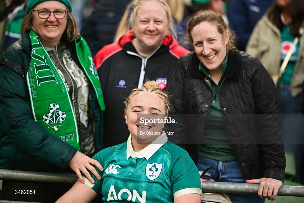 17 May 2026; Cliodhna Moloney MacDonald of Ireland with friends and family after the Women's 6 Nations Rugby Championship match between Ireland and Scotland at the Aviva Stadium in Dublin. Photo by Shauna Clinton/Sportsfile