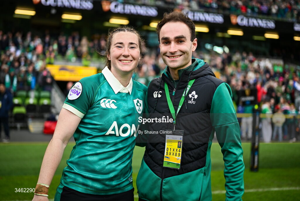 17 May 2026; Eve Higgins of Ireland and Ireland performance analyst Jack Hannon after the Women's 6 Nations Rugby Championship match between Ireland and Scotland at the Aviva Stadium in Dublin. Photo by Shauna Clinton/Sportsfile