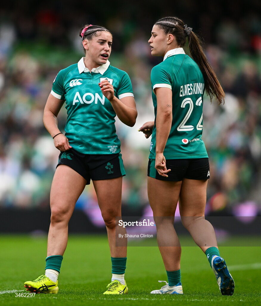 17 May 2026; Katie Whelan, left, and Vicky Elmes Kinlan of Ireland during the Women's 6 Nations Rugby Championship match between Ireland and Scotland at the Aviva Stadium in Dublin. Photo by Shauna Clinton/Sportsfile