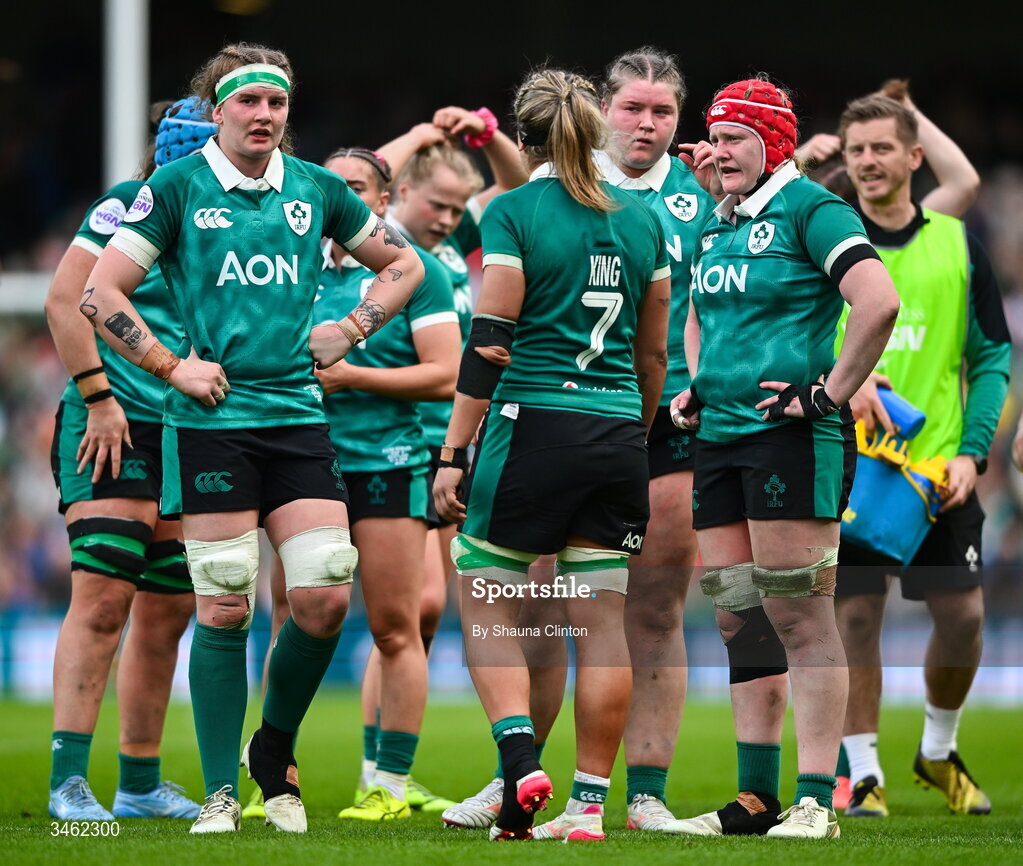 17 May 2026; Ireland players during the Women's 6 Nations Rugby Championship match between Ireland and Scotland at the Aviva Stadium in Dublin. Photo by Shauna Clinton/Sportsfile