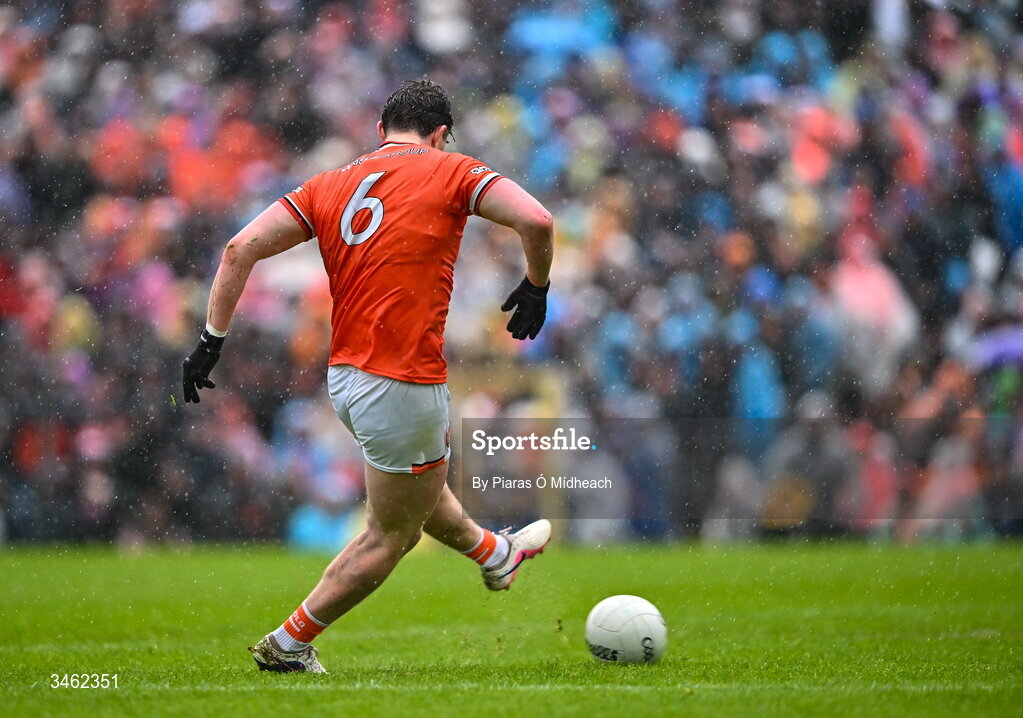 17 May 2026; Tiernan Kelly of Armagh shoots to score his side's second goal during the Ulster GAA Football Senior Championship final match between Armagh and Monaghan at St Tiernach's Park in Clones, Monaghan. Photo by Piaras Ó Mídheach/Sportsfile