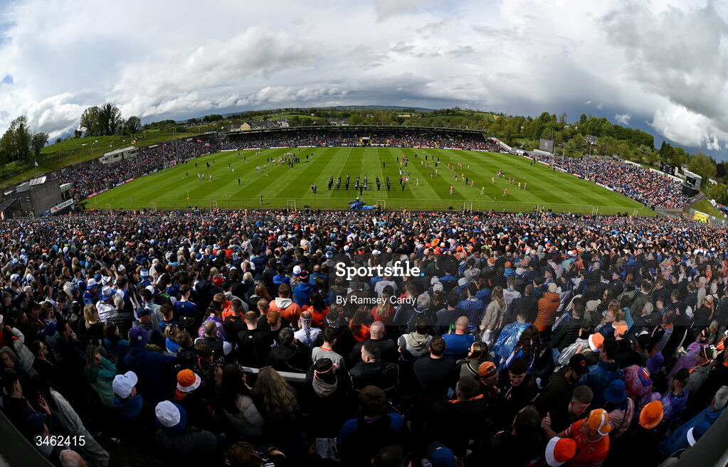 17 May 2026; A general view as both teams warm-up before the Ulster GAA Football Senior Championship final match between Armagh and Monaghan at St Tiernach's Park in Clones, Monaghan. Photo by Ramsey Cardy/Sportsfile