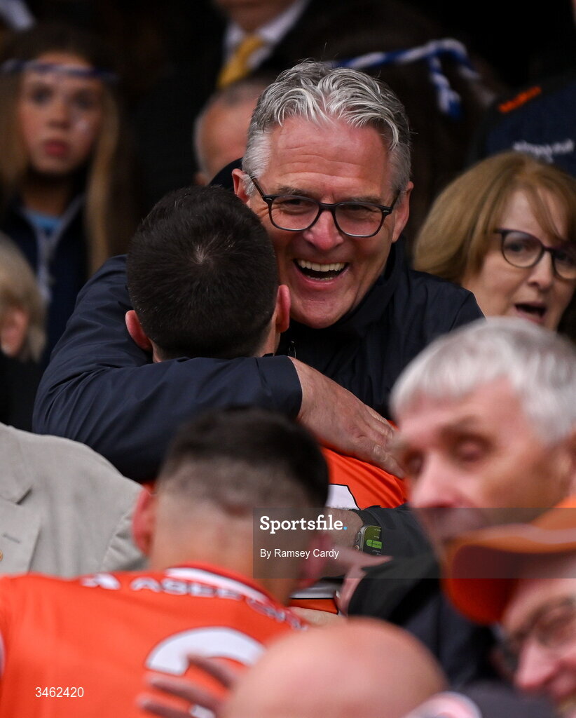 17 May 2026; Uachtarán Chumann Lúthchleas Gael Jarlath Burns congratulates Aidan Forker of Armagh after the Ulster GAA Football Senior Championship final match between Armagh and Monaghan at St Tiernach's Park in Clones, Monaghan. Photo by Ramsey Cardy/Sportsfile