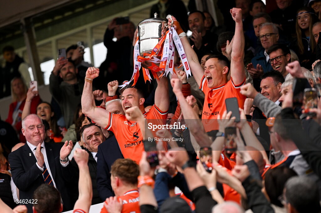17 May 2026; Armagh's Aidan Forker, left, and Aaron McKay lift the Anglo Celt Cup after the Ulster GAA Football Senior Championship final match between Armagh and Monaghan at St Tiernach's Park in Clones, Monaghan. Photo by Ramsey Cardy/Sportsfile