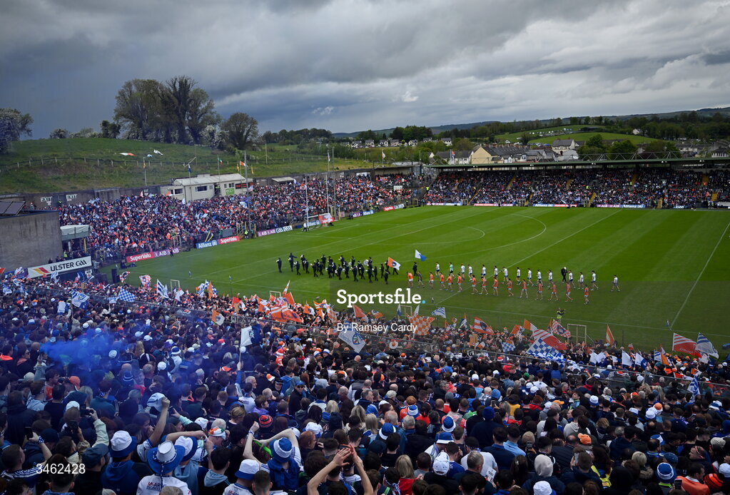 17 May 2026; The Armagh and Monaghan teams parade before the Ulster GAA Football Senior Championship final match between Armagh and Monaghan at St Tiernach's Park in Clones, Monaghan. Photo by Ramsey Cardy/Sportsfile