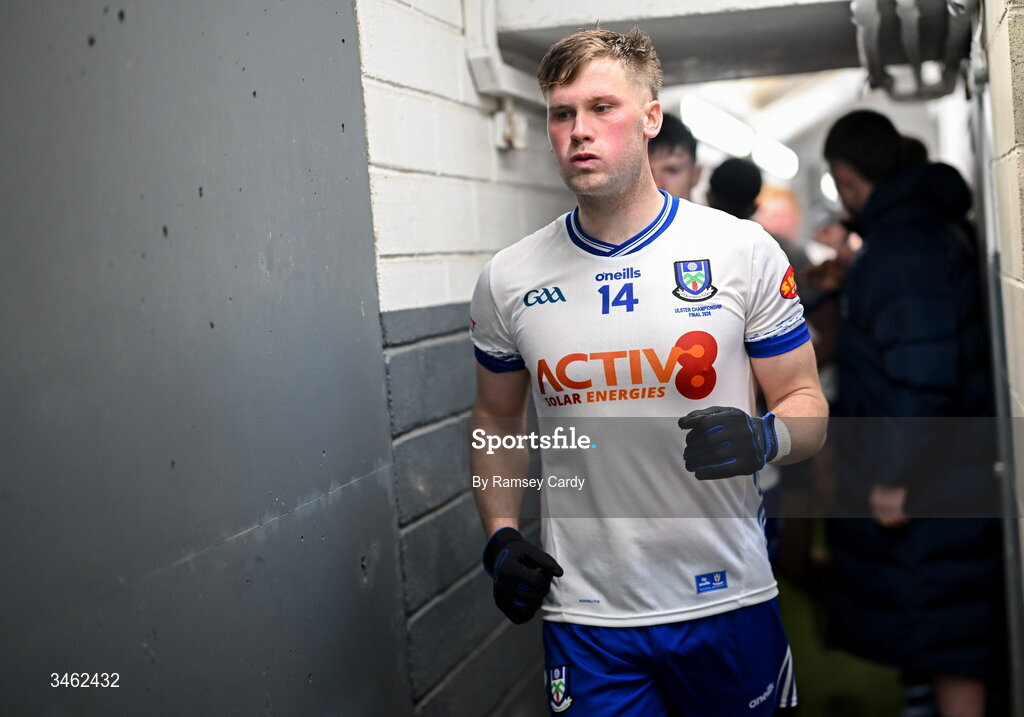 17 May 2026; Andrew Woods of Monaghan makes his way out for the second half of the Ulster GAA Football Senior Championship final match between Armagh and Monaghan at St Tiernach's Park in Clones, Monaghan. Photo by Ramsey Cardy/Sportsfile