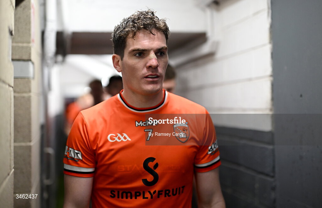 17 May 2026; Jarly Og Burns of Armagh makes his way out for the second half of the Ulster GAA Football Senior Championship final match between Armagh and Monaghan at St Tiernach's Park in Clones, Monaghan. Photo by Ramsey Cardy/Sportsfile