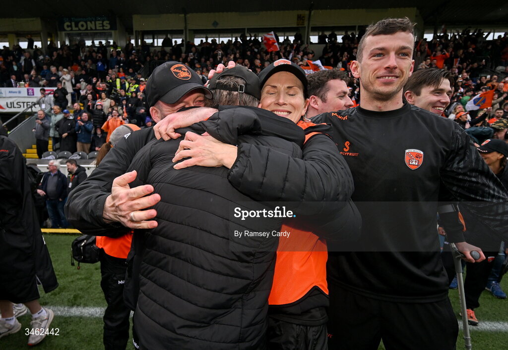 17 May 2026; Armagh manager Kieran McGeeney, centre, is congratulated by selector Ciarán McKeever and wife his Maura after the Ulster GAA Football Senior Championship final match between Armagh and Monaghan at St Tiernach's Park in Clones, Monaghan. Photo by Ramsey Cardy/Sportsfile