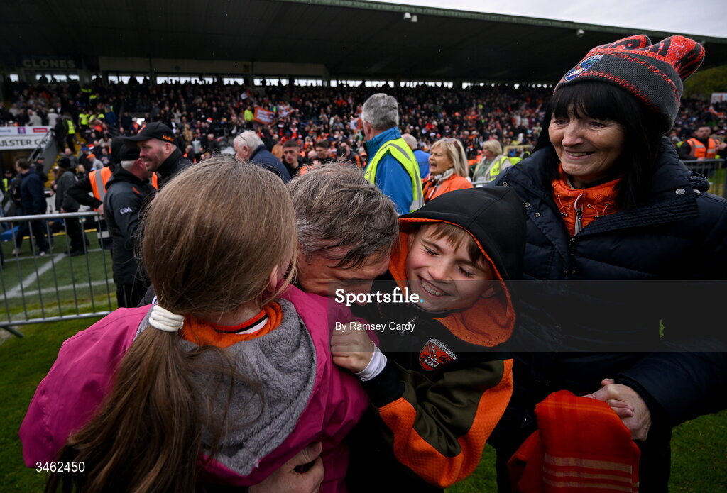 17 May 2026; Armagh manager Kieran McGeeney is congratulated by his children Leah and Daithi, and mother Brigid after the Ulster GAA Football Senior Championship final match between Armagh and Monaghan at St Tiernach's Park in Clones, Monaghan. Photo by Ramsey Cardy/Sportsfile