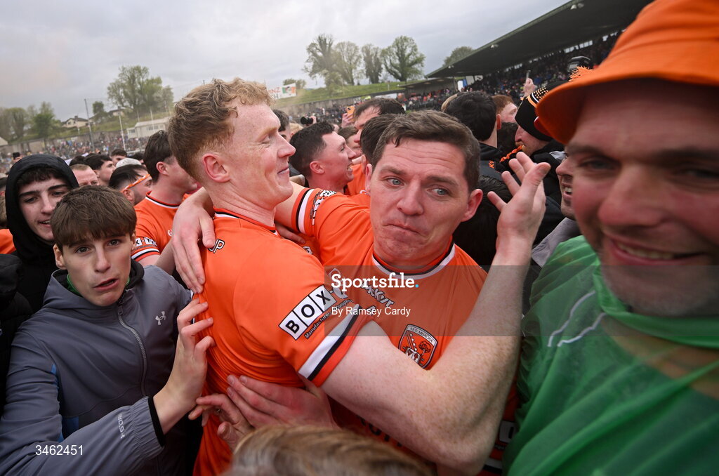 17 May 2026; Conor Turbitt, left, and Paddy Burns of Armagh after the Ulster GAA Football Senior Championship final match between Armagh and Monaghan at St Tiernach's Park in Clones, Monaghan. Photo by Ramsey Cardy/Sportsfile