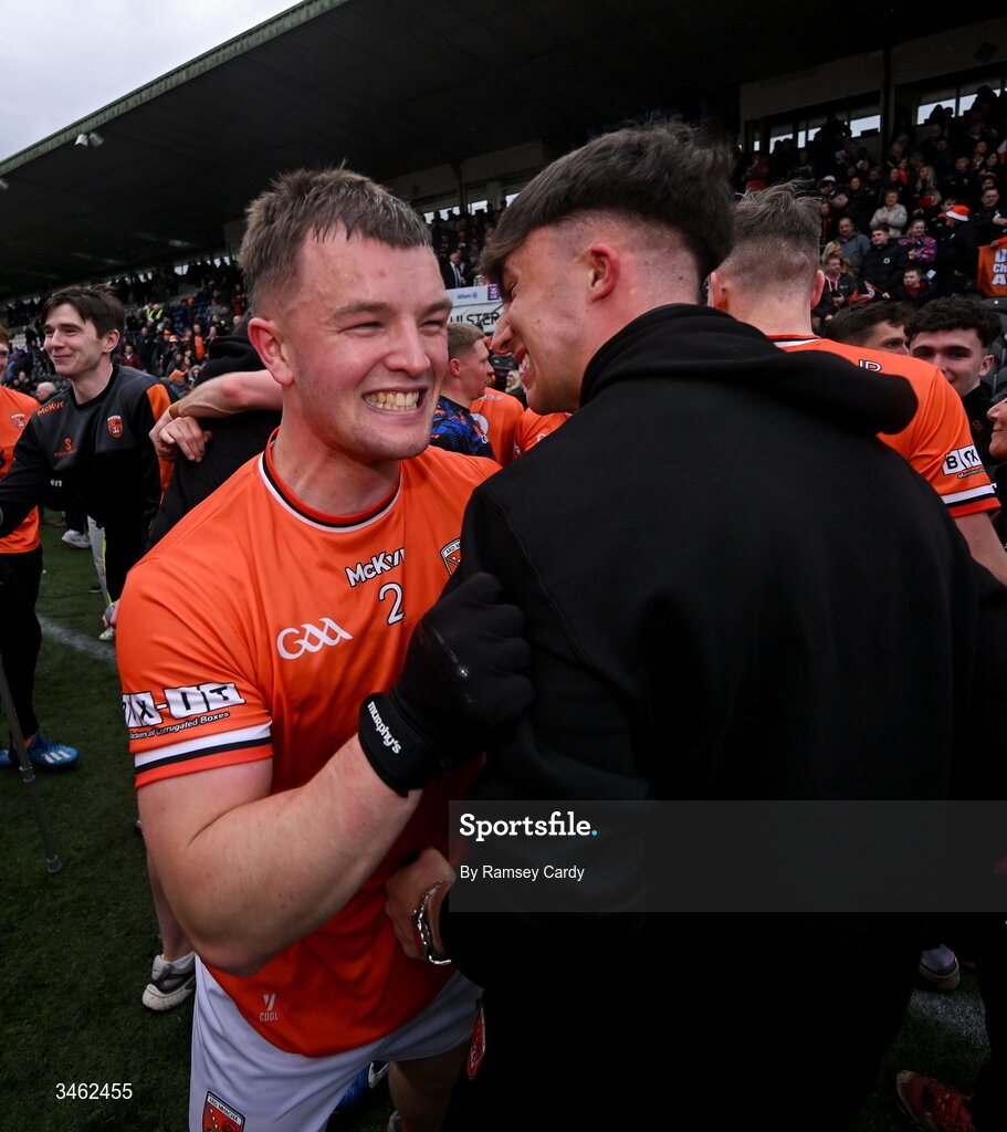 17 May 2026; Peter McGrane, left, and Sean Conlan of Armagh after the Ulster GAA Football Senior Championship final match between Armagh and Monaghan at St Tiernach's Park in Clones, Monaghan. Photo by Ramsey Cardy/Sportsfile