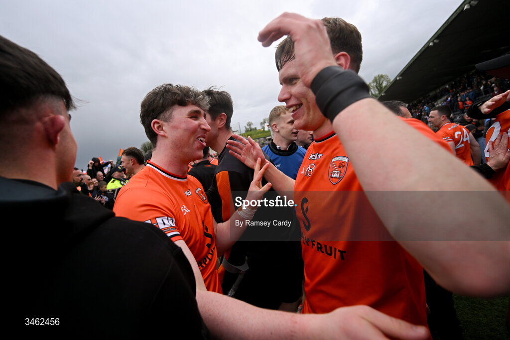 17 May 2026; Tiernan Kelly, left, and Oisin O'Neill of Armagh after the Ulster GAA Football Senior Championship final match between Armagh and Monaghan at St Tiernach's Park in Clones, Monaghan. Photo by Ramsey Cardy/Sportsfile