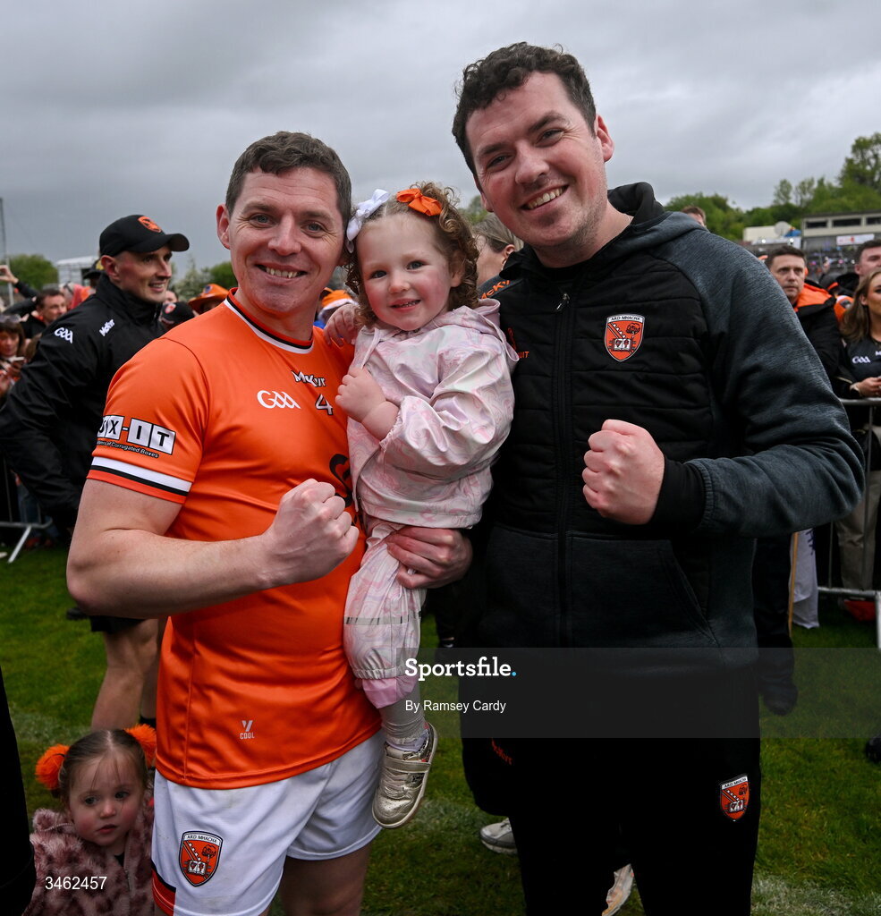 17 May 2026; Paddy and Fintan Burns after the Ulster GAA Football Senior Championship final match between Armagh and Monaghan at St Tiernach's Park in Clones, Monaghan. Photo by Ramsey Cardy/Sportsfile