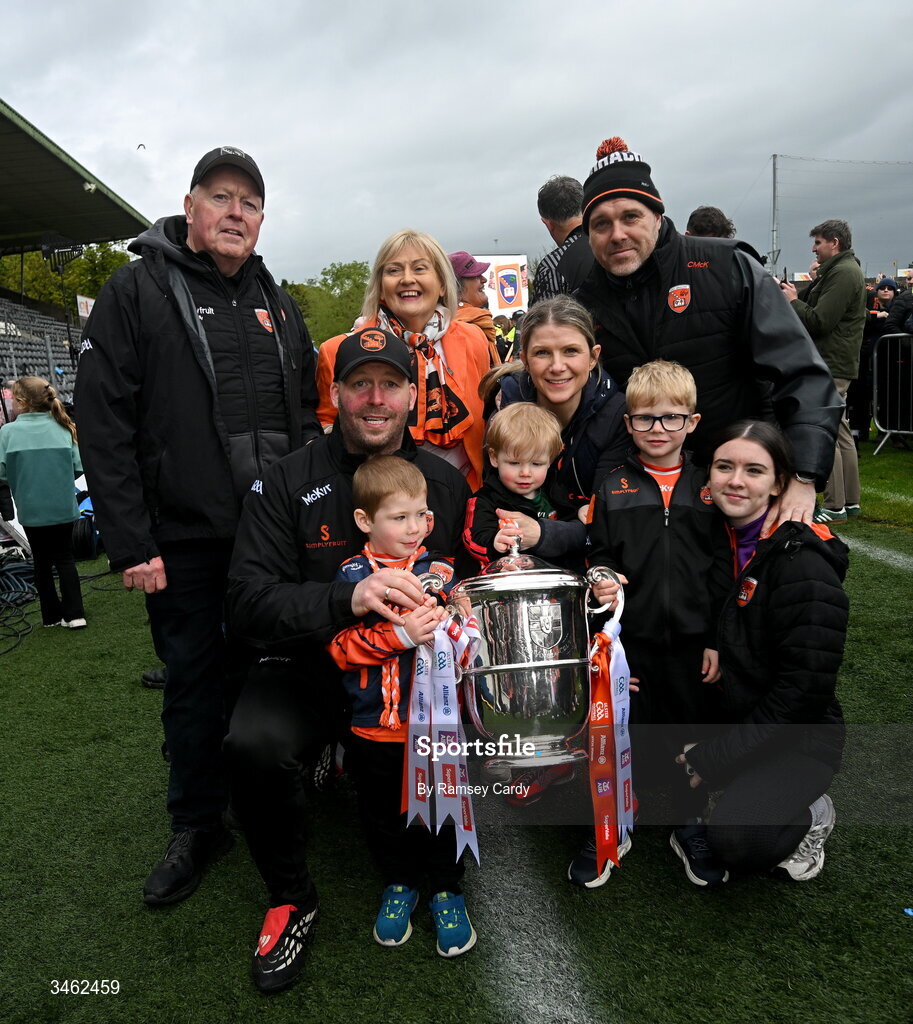 17 May 2026; Armagh selector Ciaran McKeever and family with the Anglo Celt Cup after the Ulster GAA Football Senior Championship final match between Armagh and Monaghan at St Tiernach's Park in Clones, Monaghan. Photo by Ramsey Cardy/Sportsfile