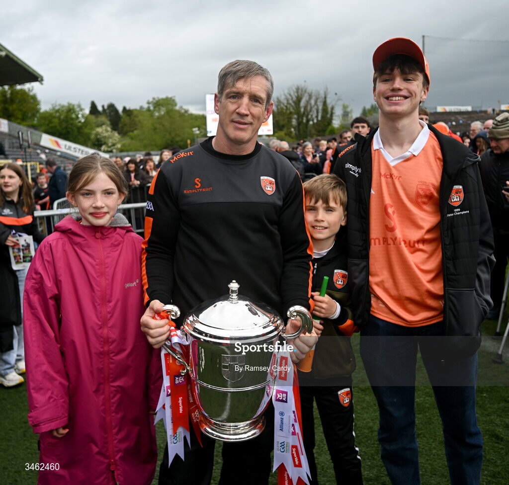 17 May 2026; Armagh manager Kieran McGeeney with his children Leah, Daithi and Cian after the Ulster GAA Football Senior Championship final match between Armagh and Monaghan at St Tiernach's Park in Clones, Monaghan. Photo by Ramsey Cardy/Sportsfile