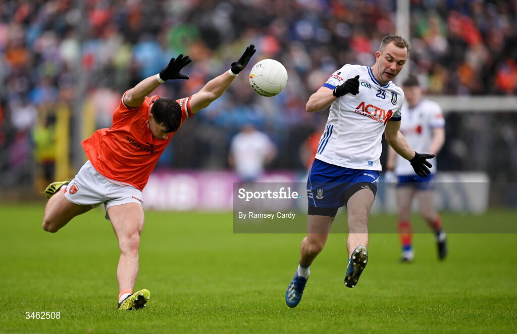 17 May 2026; Jack McCarron of Monaghan in action against Tomas McCormack of Armagh during the Ulster GAA Football Senior Championship final match between Armagh and Monaghan at St Tiernach's Park in Clones, Monaghan. Photo by Ramsey Cardy/Sportsfile