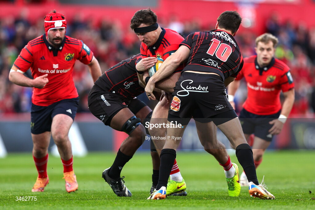 16 May 2026; Shane Daly of Munster in action against Chris Smith of Lions during the United Rugby Championship match between Munster and Lions at Thomond Park in Limerick. Photo by Michael P Ryan/Sportsfile