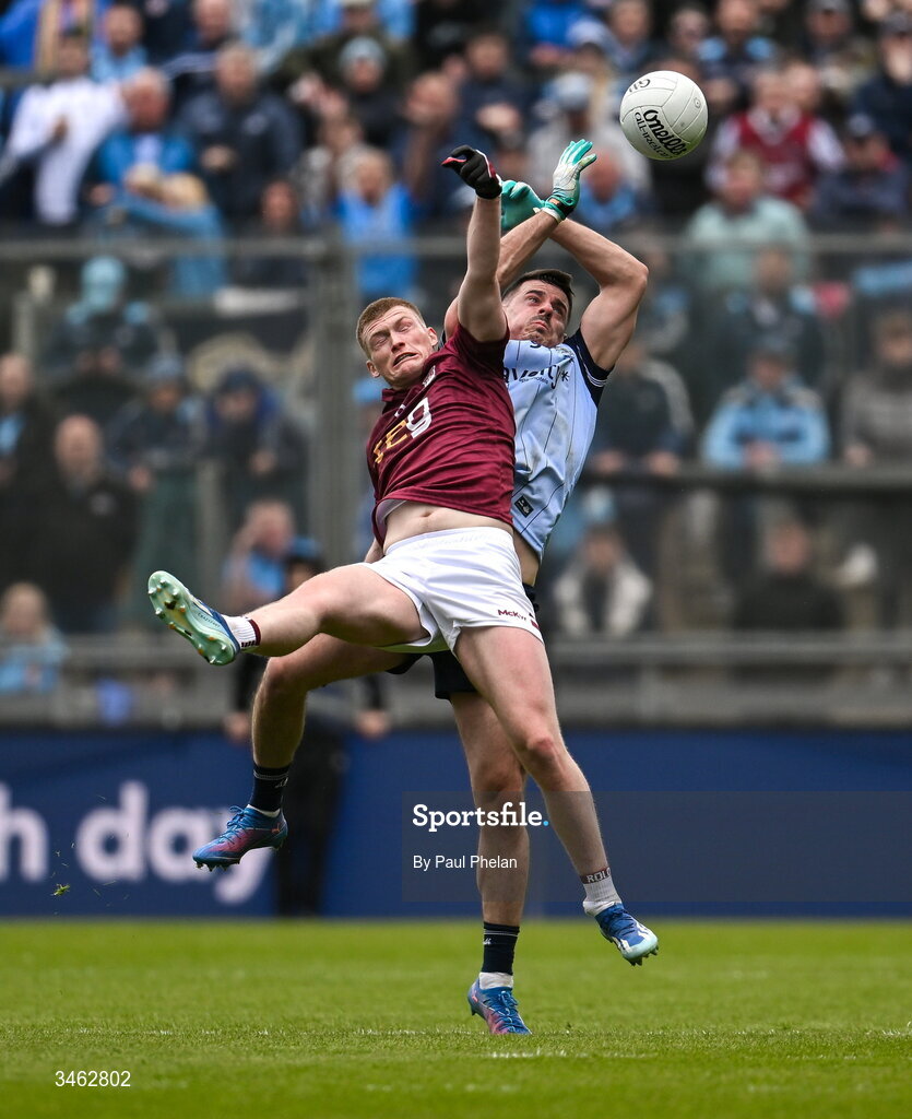 17 May 2026; Shane Allen of Westmeath and Brian Howard of Dublin contest a high ball during the Leinster GAA Football Senior Championship final match between Dublin and Westmeath at Croke Park in Dublin. Photo by Paul Phelan/Sportsfile